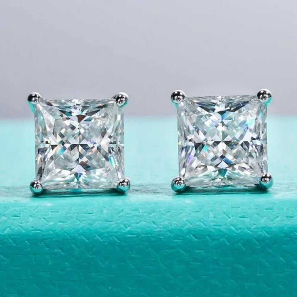 Certified 4ct. t.w. Diamond Moissanite Princess Cut Stud Earrings NEW - Picture 1 of 13